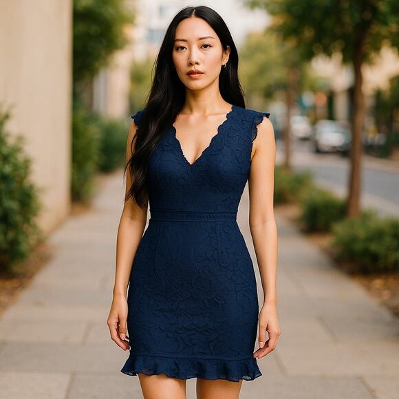 Cooper St. Womens Dress Size 4 Navy Blue Lace Sheath Deep V-Neck Sexy Short NEW - Picture 1 of 8